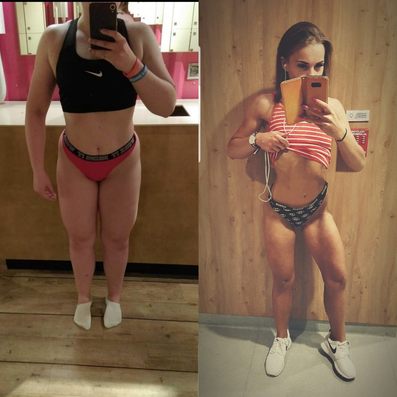 Porównanie sylwetki kobiety przed i po treningu, widoczne zmiany w muskulaturze i redukcji tkanki tłuszczowej, prezentowane w bieliźnie sportowej i topie.