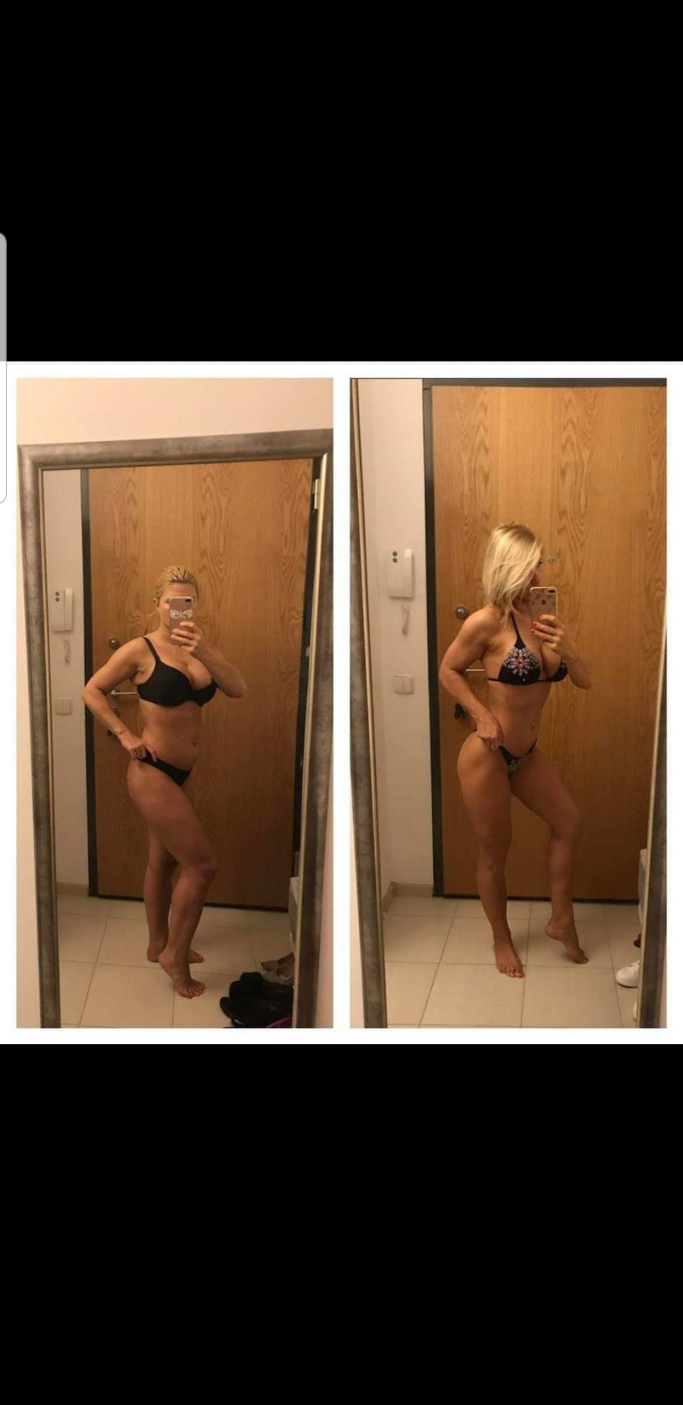 Kobieta w bieliźnie i bikini prezentuje efekty ćwiczeń, widoczne porównanie sylwetki przed i po, sfotografowane w lustrze.