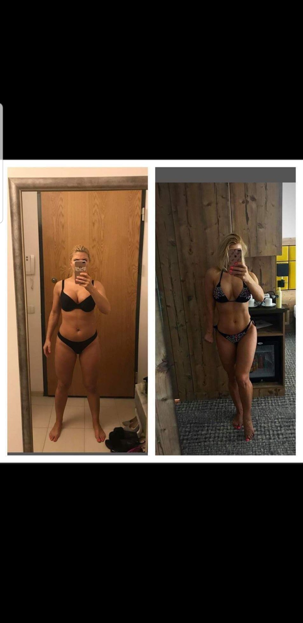 Kobieta w bikini prezentuje transformację sylwetki, widoczne porównanie figury przed i po, z uwzględnieniem detali jak ułożenie dłoni i tło.