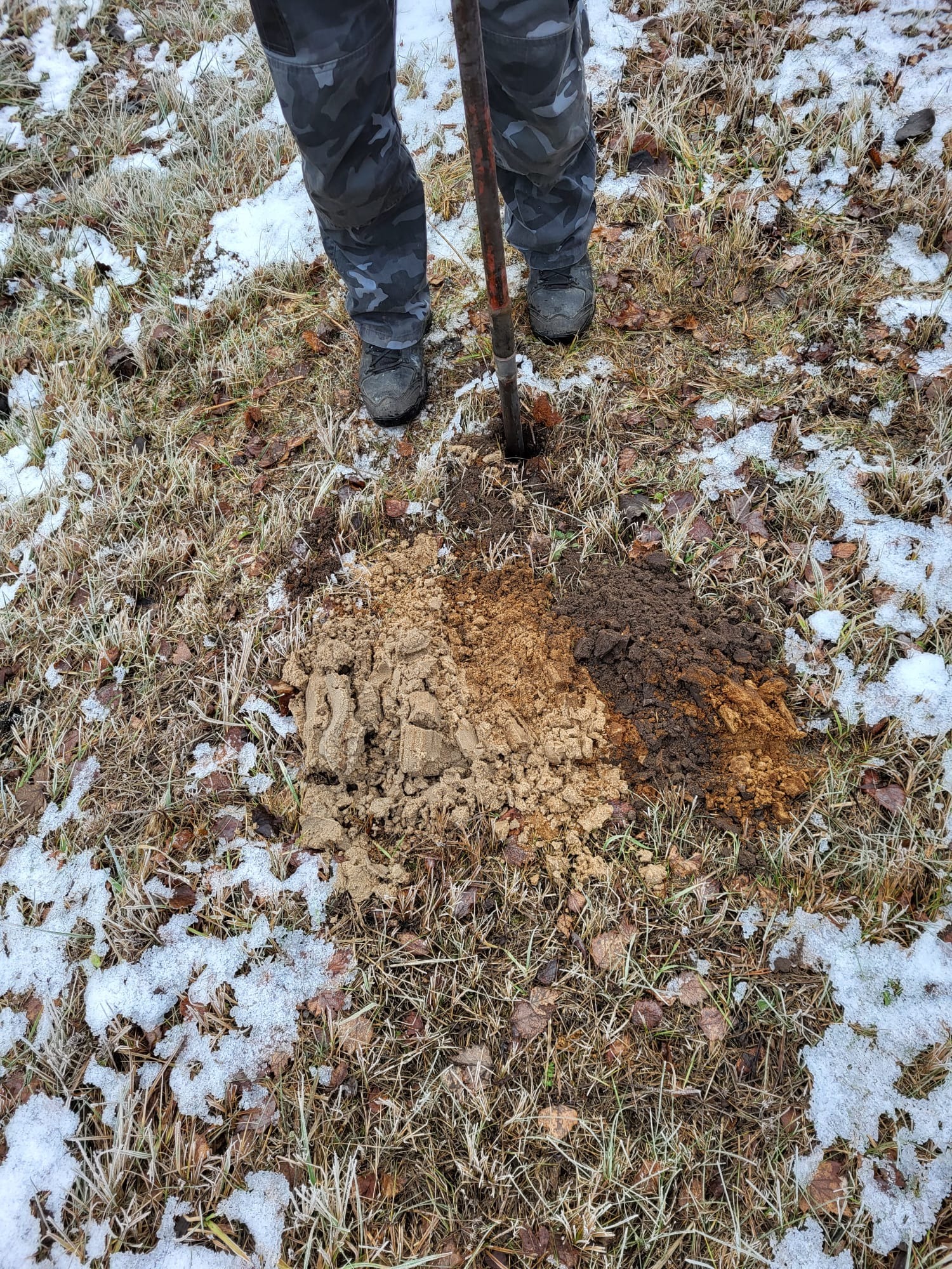 Próbka gruntu pobrana szpadlem na trawniku z resztkami śniegu, widoczne warstwy ziemi o różnej barwie.
