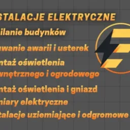 Grafika reklamowa z listą usług elektrycznych, takich jak zasilanie budynków, usuwanie awarii, montaż oświetlenia zewnętrznego i ogrodowego, montaż oświetlenia i gniazd, pomiary elektryczne...