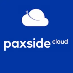 Logo firmy Paxside Cloud przedstawiające białą chmurę ze strzałką skierowaną w górę, umieszczone nad nazwą firmy w kolorze białym na niebieskim tle.