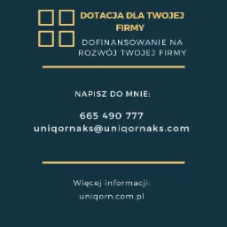 Grafika informacyjna z tekstem o dotacjach dla firm, numerem telefonu i adresem e-mail na ciemnym tle.