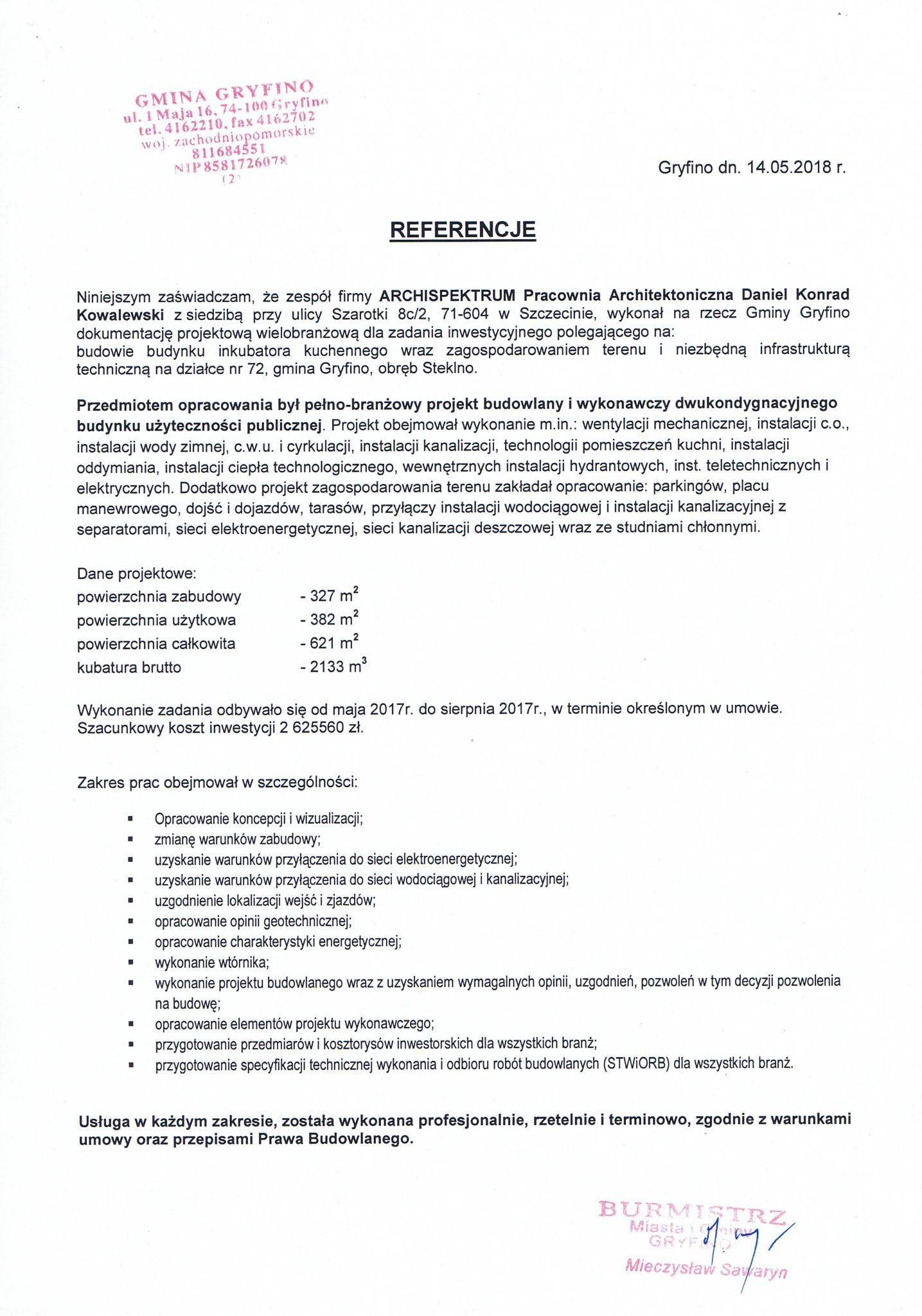 Skan dokumentu referencyjnego dla pracowni architektonicznej Archispektrum, potwierdzający wykonanie dokumentacji projektowej dla budynku inkubatora kuchennego w gminie Gryfino, zawierający dane...