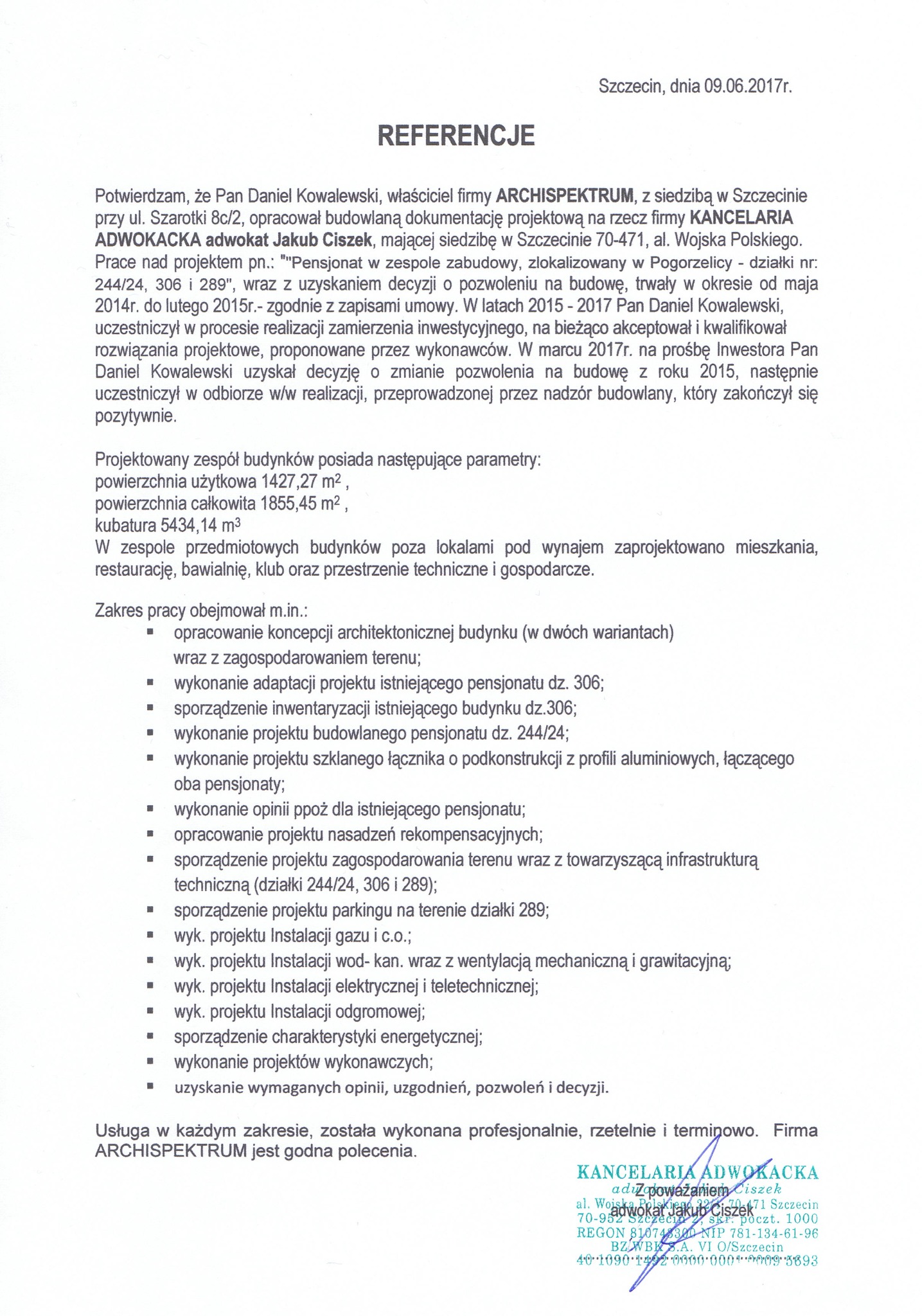 Skan dokumentu referencyjnego dla firmy architektonicznej Archispektrum dotyczącego projektu pensjonatu, datowany na 09.06.2017, z pieczątką Kancelarii Adwokackiej.