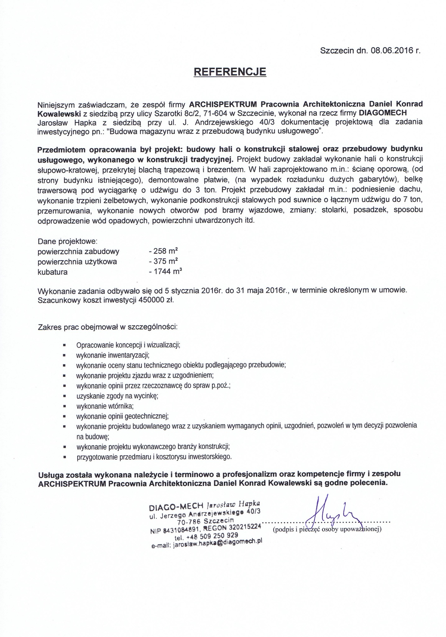 Skan referencji dla firmy ARCHISPEKTRUM Pracownia Architektoniczna Daniel Konrad Kowalewski, potwierdzający wykonanie projektu budowy hali o konstrukcji stalowej i przebudowy budynku usługowego.