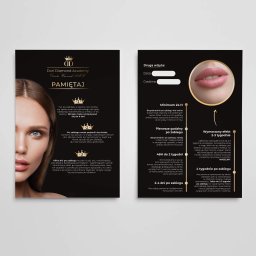 Projekt + wydruk ulotki pozabiegowej na wysokiej jakości papierze ze złoceniem dla salonu kosmetycznego 