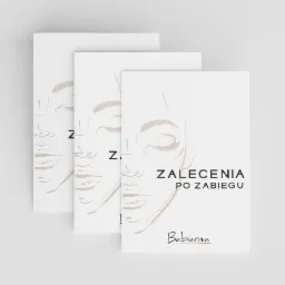 Trzy broszury z minimalistycznym rysunkiem twarzy i napisem 'Zalecenia po zabiegu' oraz logo 'Babiarnia', ułożone kaskadowo na białym tle.