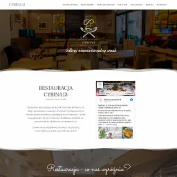 Strona internetowa restauracji Cybina13 z menu, logo i informacjami o ofercie, w tle widoczne wnętrze lokalu.