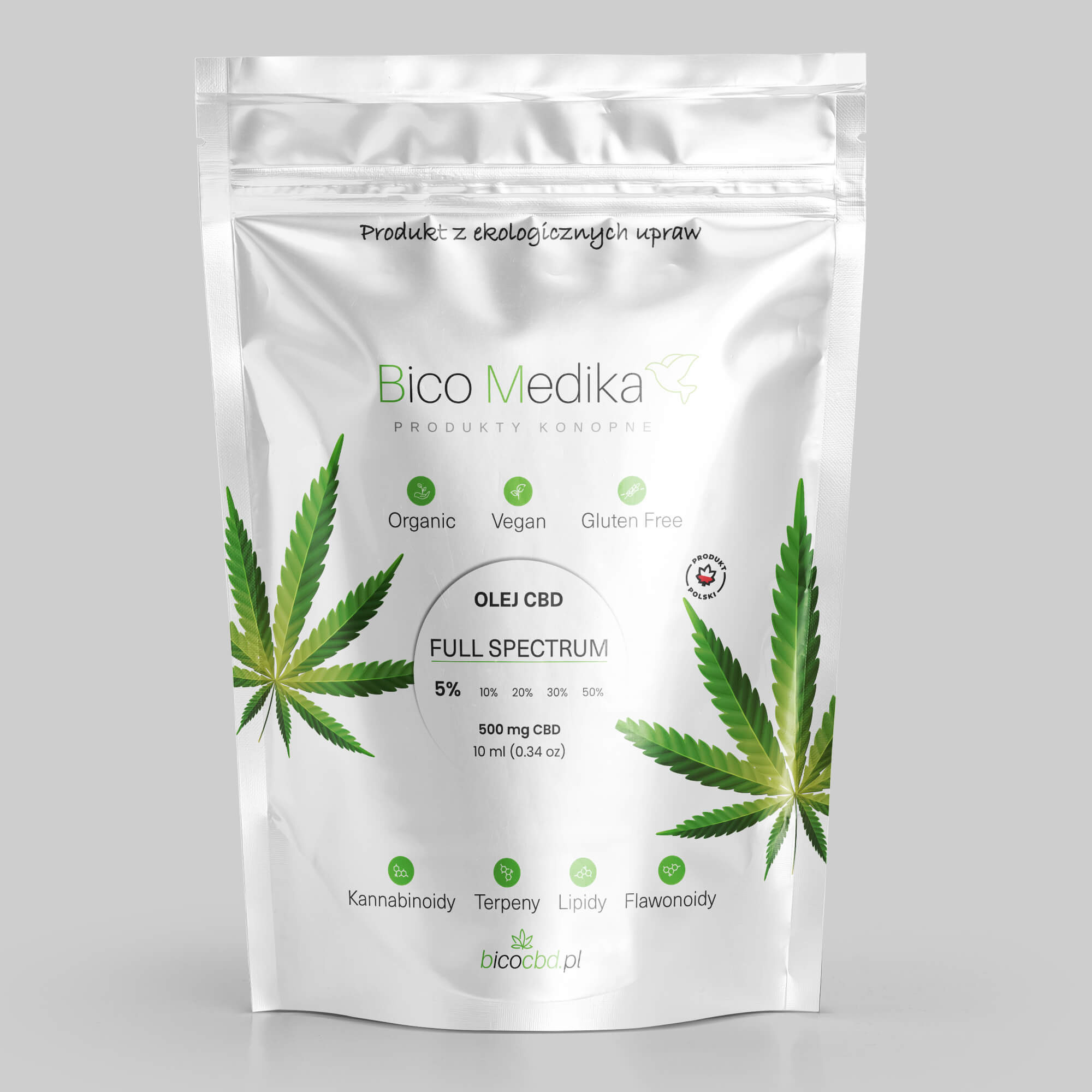 Projekt graficzny doypacka z logo Bico Medika dla bicocbd.pl, prezentujący produkt konopny z olejem CBD, z elementami graficznymi liści konopi i informacjami o składzie.