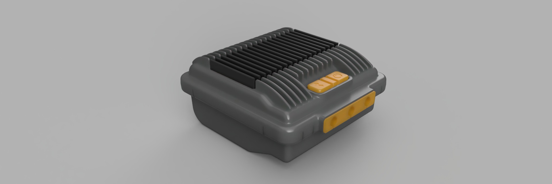 Szary model 3D urządzenia elektronicznego z żółtymi przyciskami i elementami dekoracyjnymi, renderowany na jednolitym szarym tle.