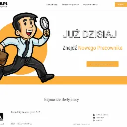 Grafika przedstawia stronę internetową Jobee.pl z ilustracją kreskówkową uśmiechniętego mężczyzny z teczką i lupą, zachęcającą do znalezienia nowego pracownika.