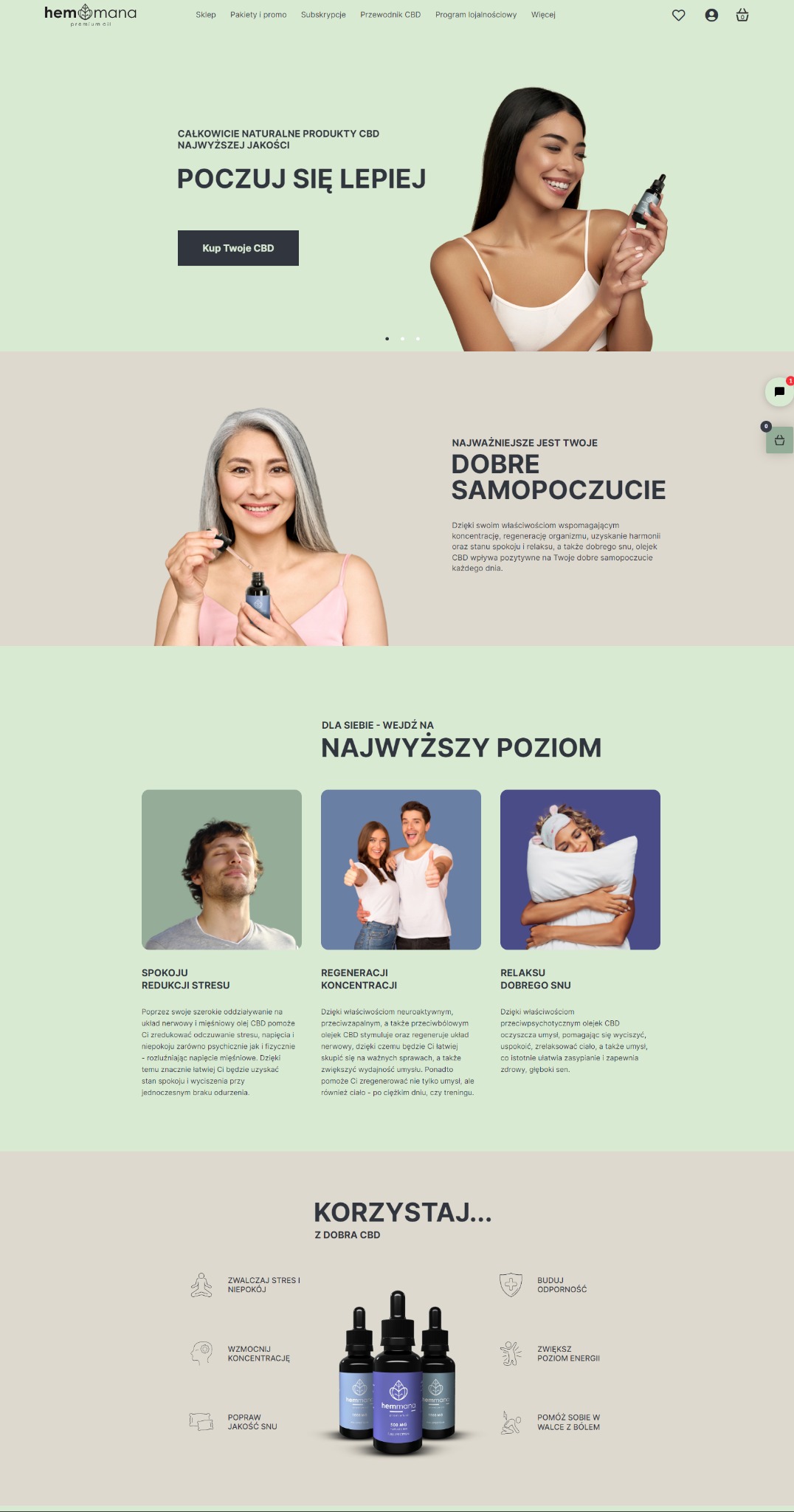 Wyświetlona na monitorze strona internetowa sklepu Hemmana.com z produktami CBD, prezentująca naturalne produkty najwyższej jakości i obietnicą lepszego samopoczucia.