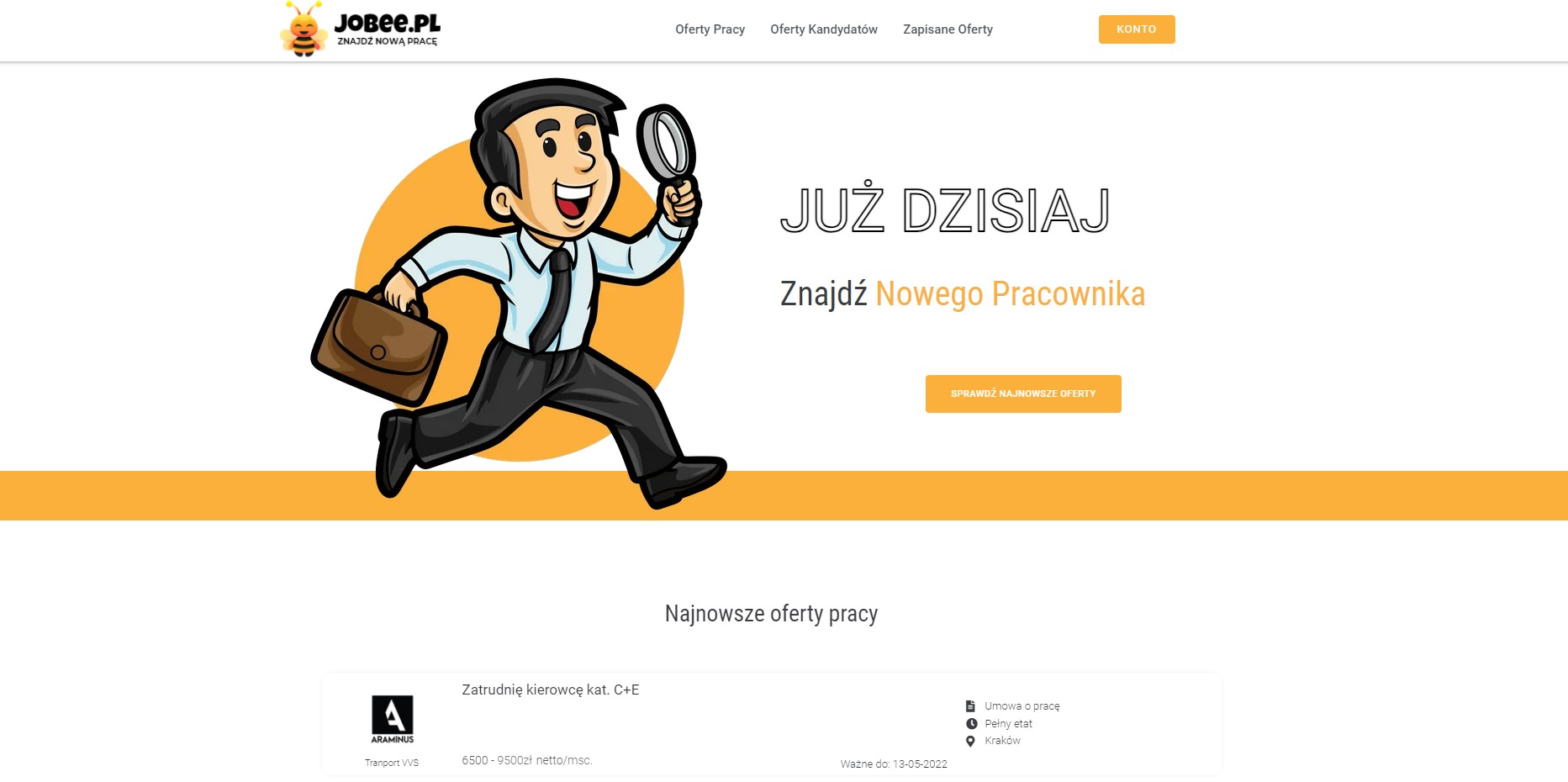 Grafika przedstawia stronę internetową Jobee.pl z ilustracją kreskówkową uśmiechniętego mężczyzny z teczką i lupą, zachęcającą do znalezienia nowego pracownika.