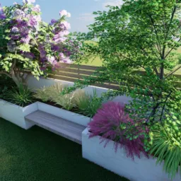 Wizualizacja zagospodarowania małego ogrodu z drewnianym ogrodzeniem, podwyższonymi rabatami z roślinami ozdobnymi, drzewami i trawnikiem.