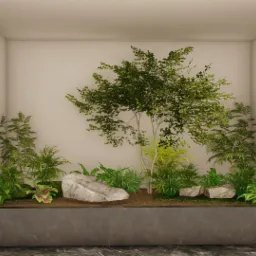 Wnętrze z minimalistycznym ogrodem wnękowym: drzewo liściaste, paprocie, trawy ozdobne i dwa jasnoszare kamienie w ciemnej donicy na tle beżowej ściany.