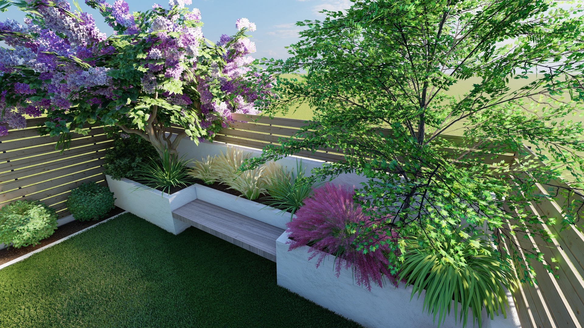 Wizualizacja zagospodarowania małego ogrodu z drewnianym ogrodzeniem, podwyższonymi rabatami z roślinami ozdobnymi, drzewami i trawnikiem.