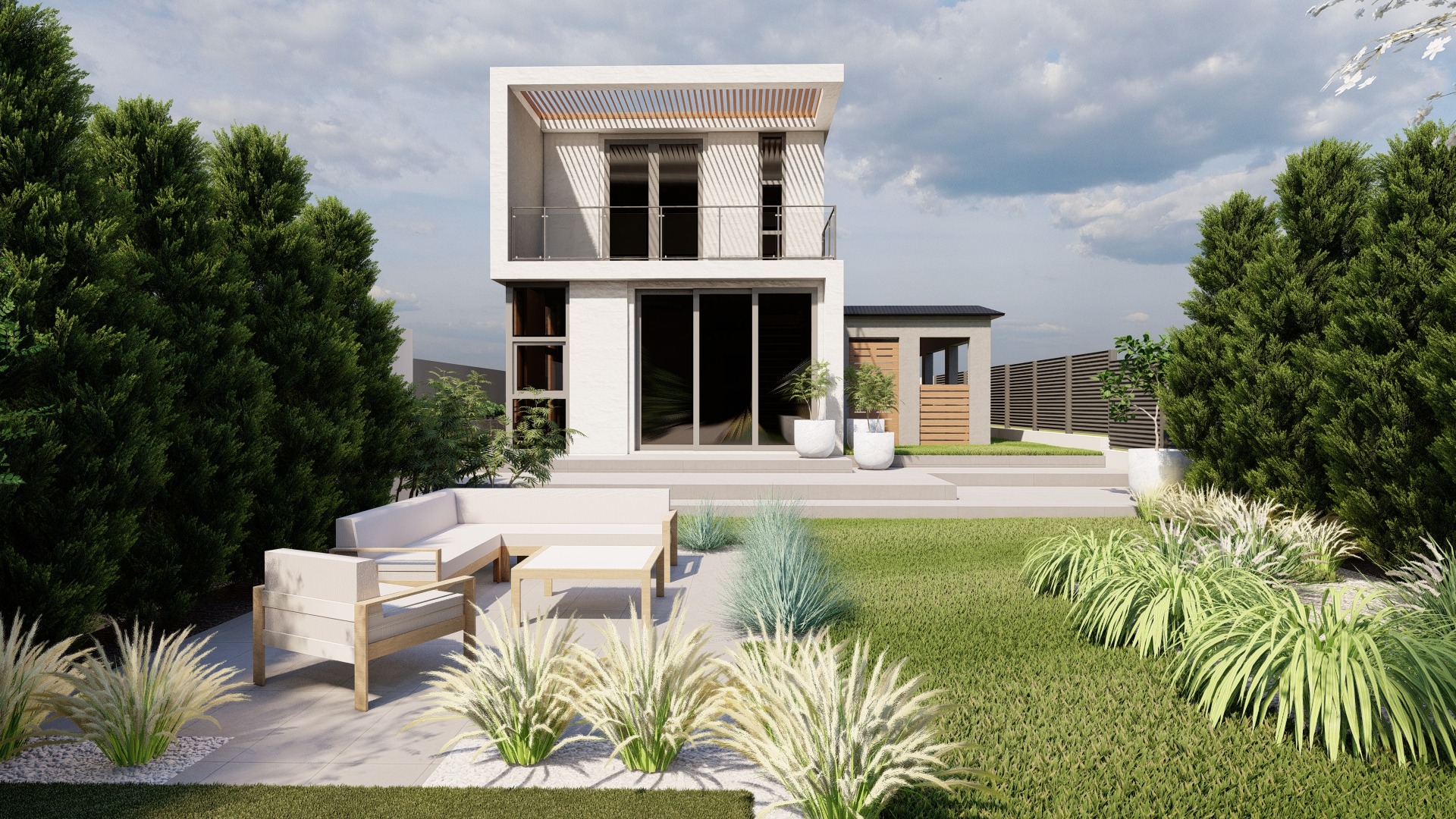 Wizualizacja nowoczesnego ogrodu z białym domem, tarasem z meblami wypoczynkowymi i ozdobnymi trawami na pierwszym planie.