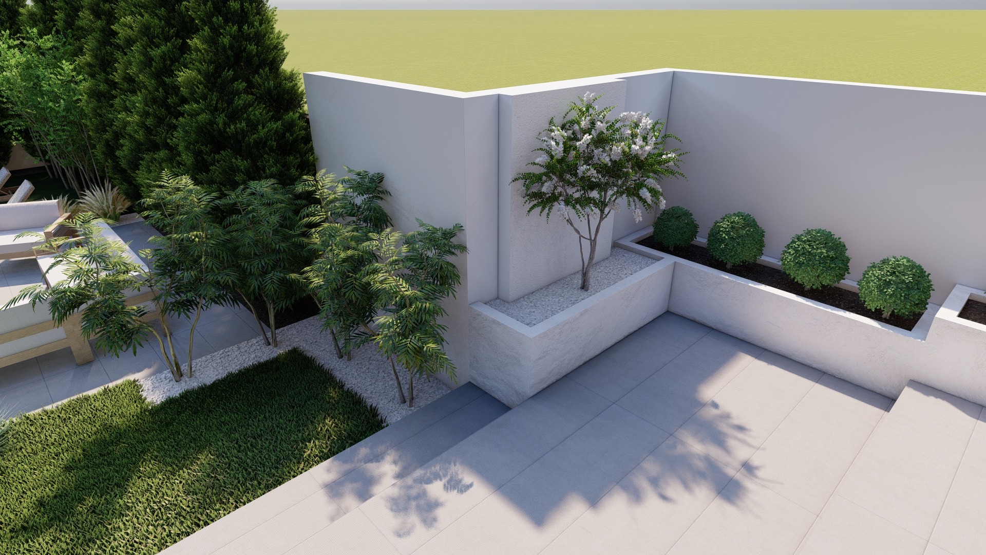 Wizualizacja nowoczesnego ogrodu z białymi ścianami, roślinami w donicach i na rabatach, trawnikiem i szarą nawierzchnią z płyt, widziana z góry.