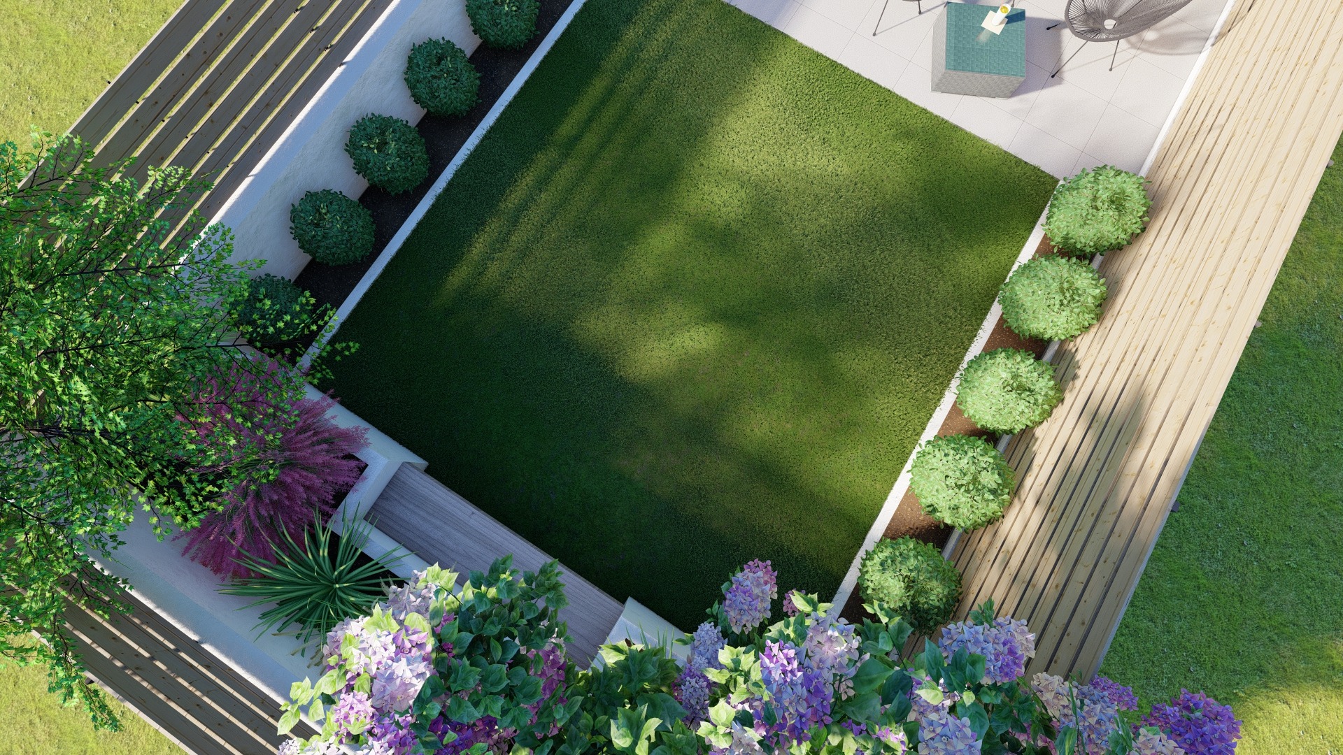 Widok z góry na nowocześnie zaprojektowany ogród w Stalowej Woli z trawnikiem, rabatami kwiatowymi, kulistymi krzewami i elementami drewnianej architektury, obejmujący taras z meblami ogrodowymi.