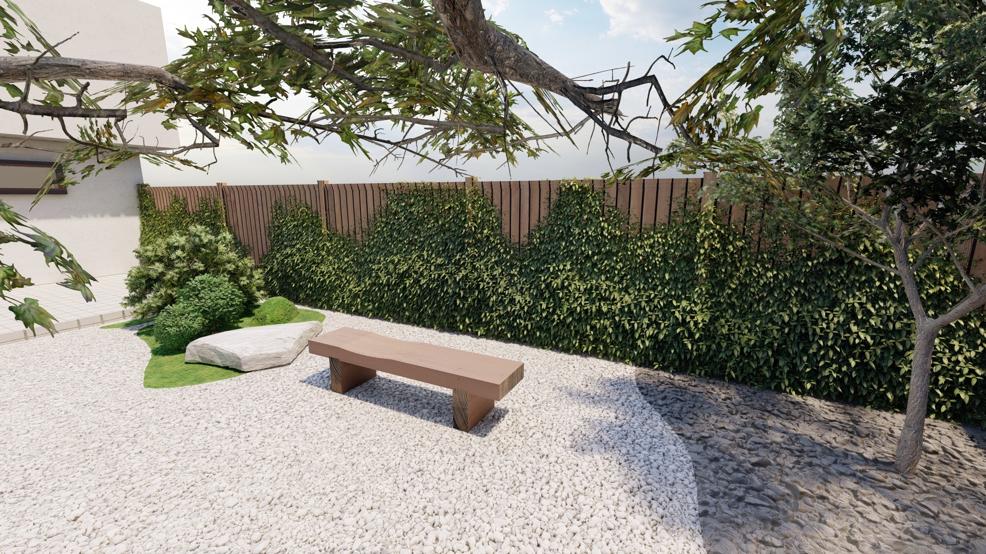 Projekt ogrodu w stylu japońskim z drewnianą ławką, białymi kamykami i zielonymi roślinami pnącymi się po drewnianym ogrodzeniu.