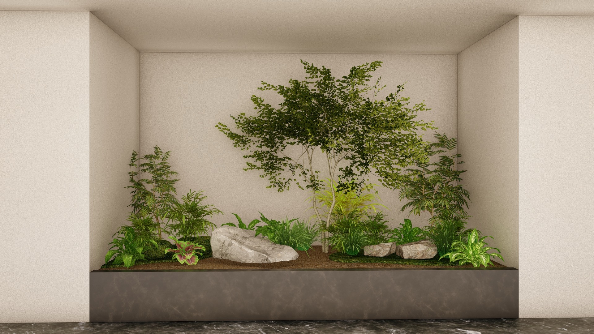 Wnętrze z minimalistycznym ogrodem wnękowym: drzewo liściaste, paprocie, trawy ozdobne i dwa jasnoszare kamienie w ciemnej donicy na tle beżowej ściany.