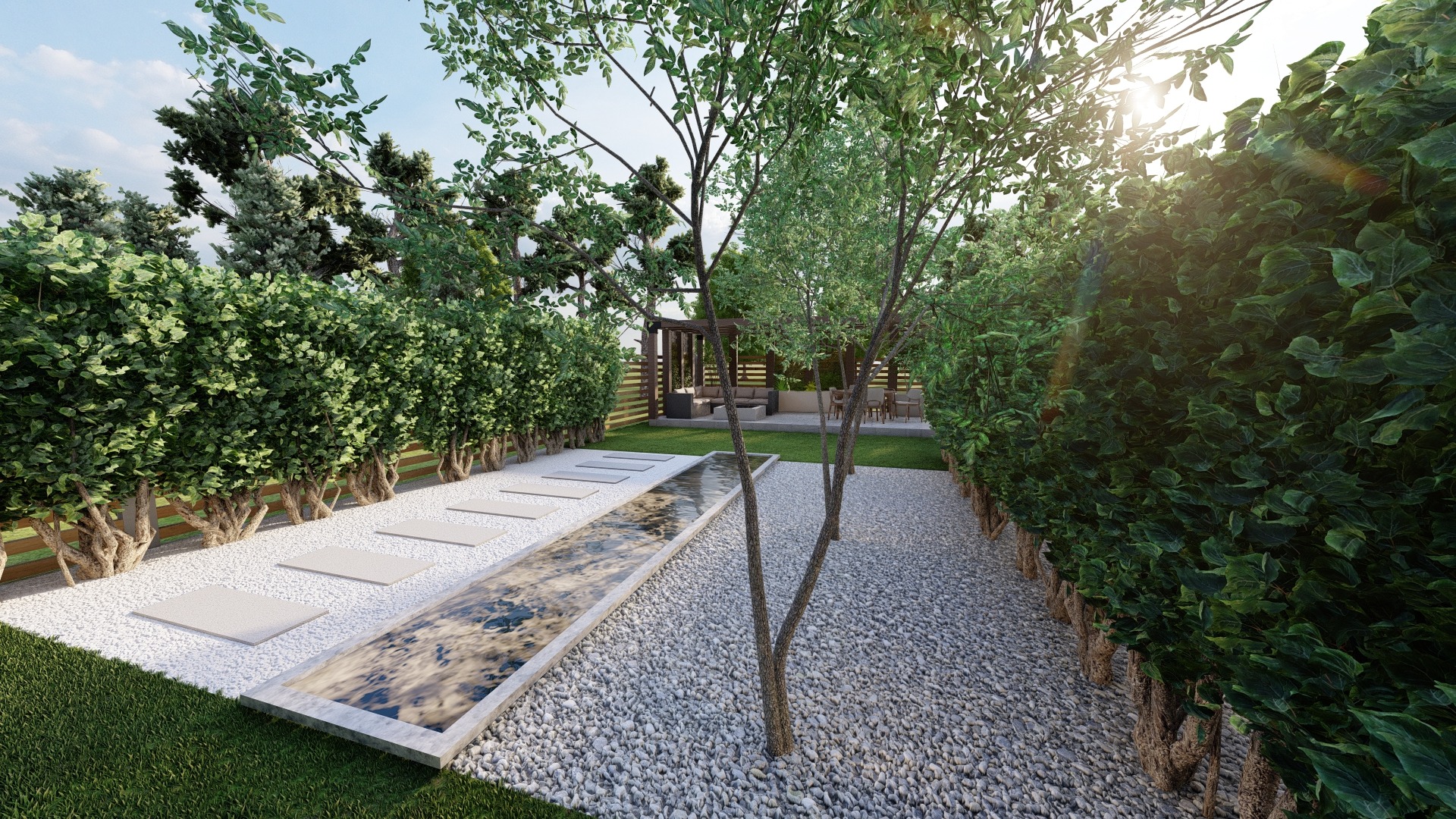 Nowoczesny ogród z minimalistycznym kanałem wodnym wyłożonym białym żwirem, ścieżką z jasnych płyt i równo przyciętymi żywopłotami, w tle pergola z meblami wypoczynkowymi.