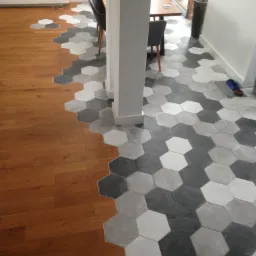 Podłoga łącząca drewniane panele z szarymi i białymi heksagonalnymi płytkami, widok na jadalnię z białymi ścianami i doniczką z rośliną.