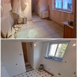 Olichem Jarosław Popławski - Zdjęcie przedstawia metamorfozę pomieszczenia: górna część ukazuje stan surowy z drewnianym stropem, odsłoniętymi instalacjami i starą podłogą, dolna część prezentuje pomieszczenie po remoncie...
