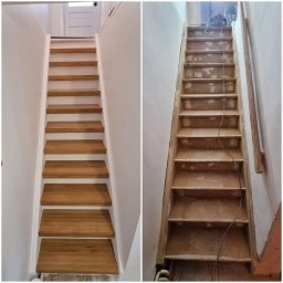 Olichem Jarosław Popławski - Porównanie schodów przed i po renowacji: po lewej odnowione drewniane stopnie z białymi bokami, po prawej surowe schody w trakcie przygotowania do remontu, z widoczną szlifierką na górze.