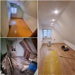 Olichem Jarosław Popławski - Kolaż przedstawia pokój na poddaszu przed, w trakcie i po remoncie: widoczne żółte, drewniane podłogi przed remontem, zniszczone wnętrze w trakcie prac rozbiórkowych oraz odnowione wnętrze z nową...