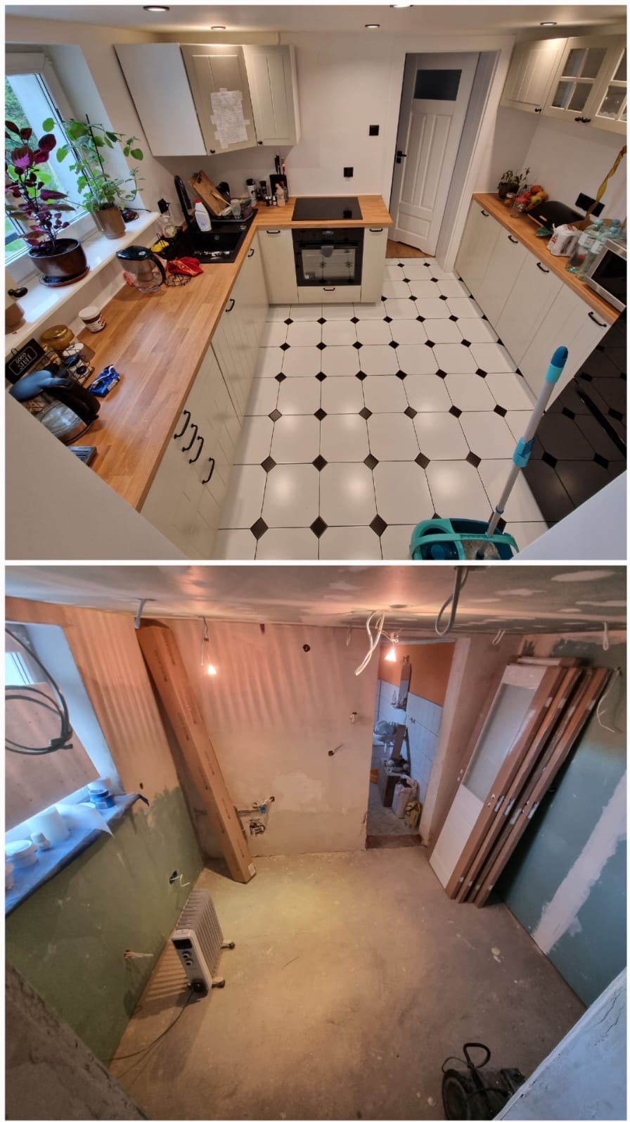 Porównanie kuchni przed i po remoncie w Nowej Wsi Malborskiej: górny kadr przedstawia odnowione wnętrze z białą zabudową, drewnianymi blatami i czarno-białą podłogą w karo, dolny kadr ukazuje...