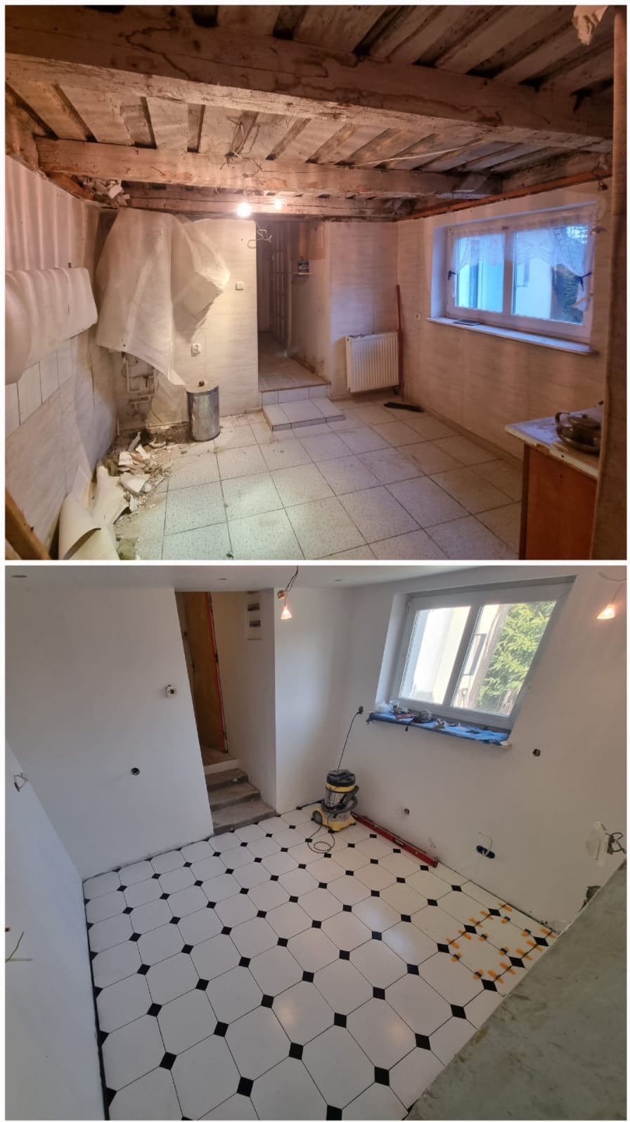 Zdjęcie przedstawia metamorfozę pomieszczenia: górna część ukazuje stan surowy z drewnianym stropem, odsłoniętymi instalacjami i starą podłogą, dolna część prezentuje pomieszczenie po remoncie...
