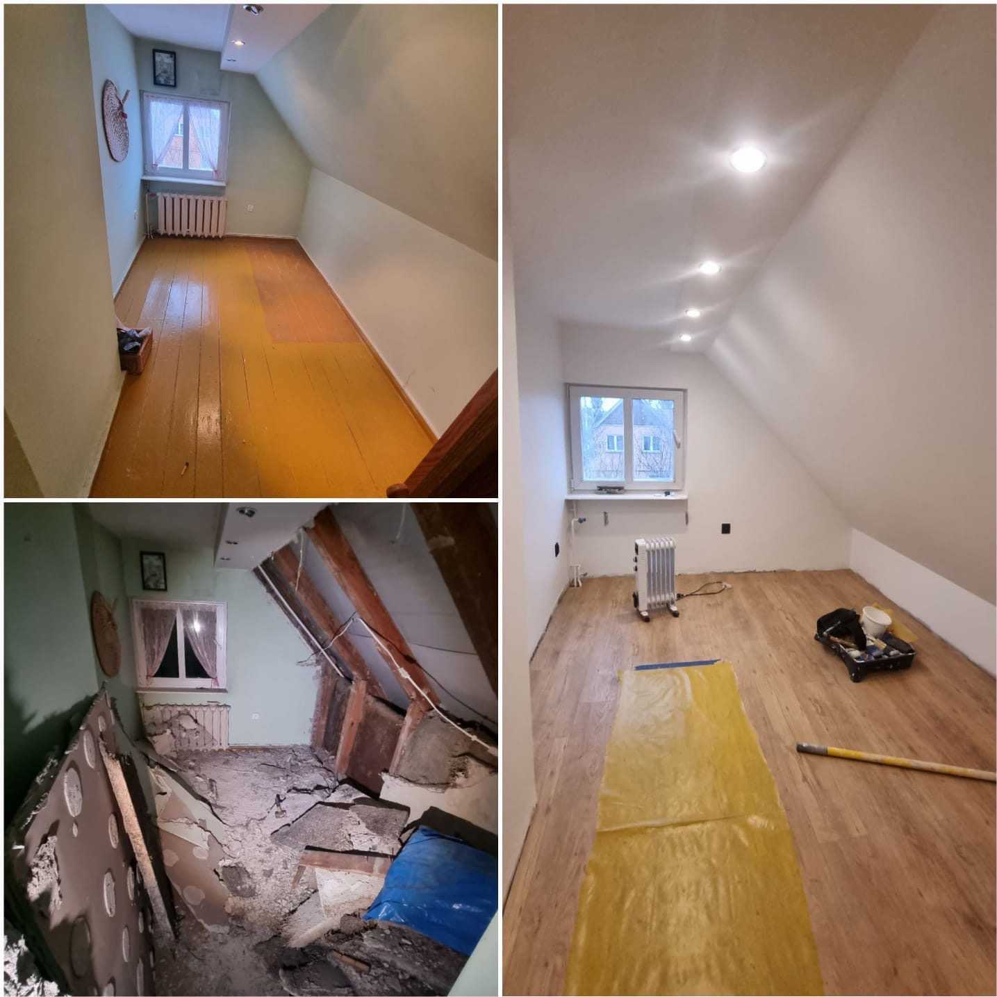 Kolaż przedstawia pokój na poddaszu przed, w trakcie i po remoncie: widoczne żółte, drewniane podłogi przed remontem, zniszczone wnętrze w trakcie prac rozbiórkowych oraz odnowione wnętrze z nową...