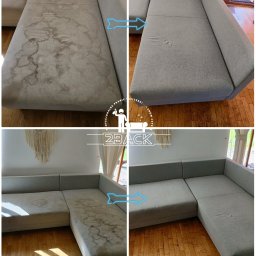 Profesjonalne pranie tapicerki 2Back - Jasnoszara sofa narożna przed i po profesjonalnym czyszczeniu. Widoczne duże, ciemne plamy na tapicerce zostały całkowicie usunięte, przywracając meblowi świeży wygląd.