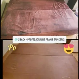 Dwuetapowe ujęcie brudnego, brązowego materaca przed i po czyszczeniu, z widoczną różnicą w kolorze i usuniętych plamach.