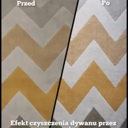 Dywan w zygzaki przed i po czyszczeniu, widoczna różnica w kolorze i świeżości włókien.