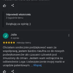 Zrzut ekranu z opiniami klientów na temat agencji reklamowej, podkreślający pozytywne oceny i efekty działań, w tym pozycjonowanie strony na pierwszym miejscu w wyszukiwarce oraz odświeżenie logo.