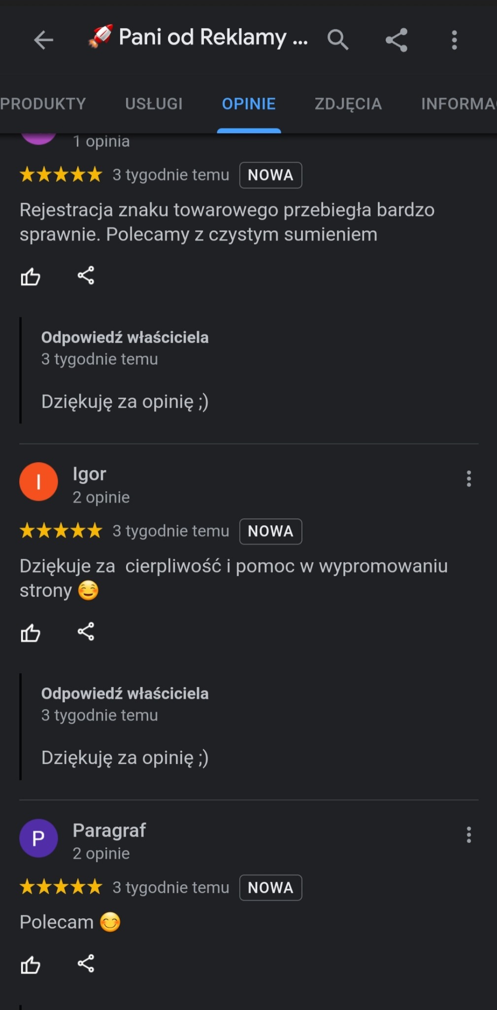Zrzut ekranu sekcji opinii o firmie z ocenami klientów i pozytywnymi komentarzami, w tym wzmianki o rejestracji znaku towarowego i promocji strony.