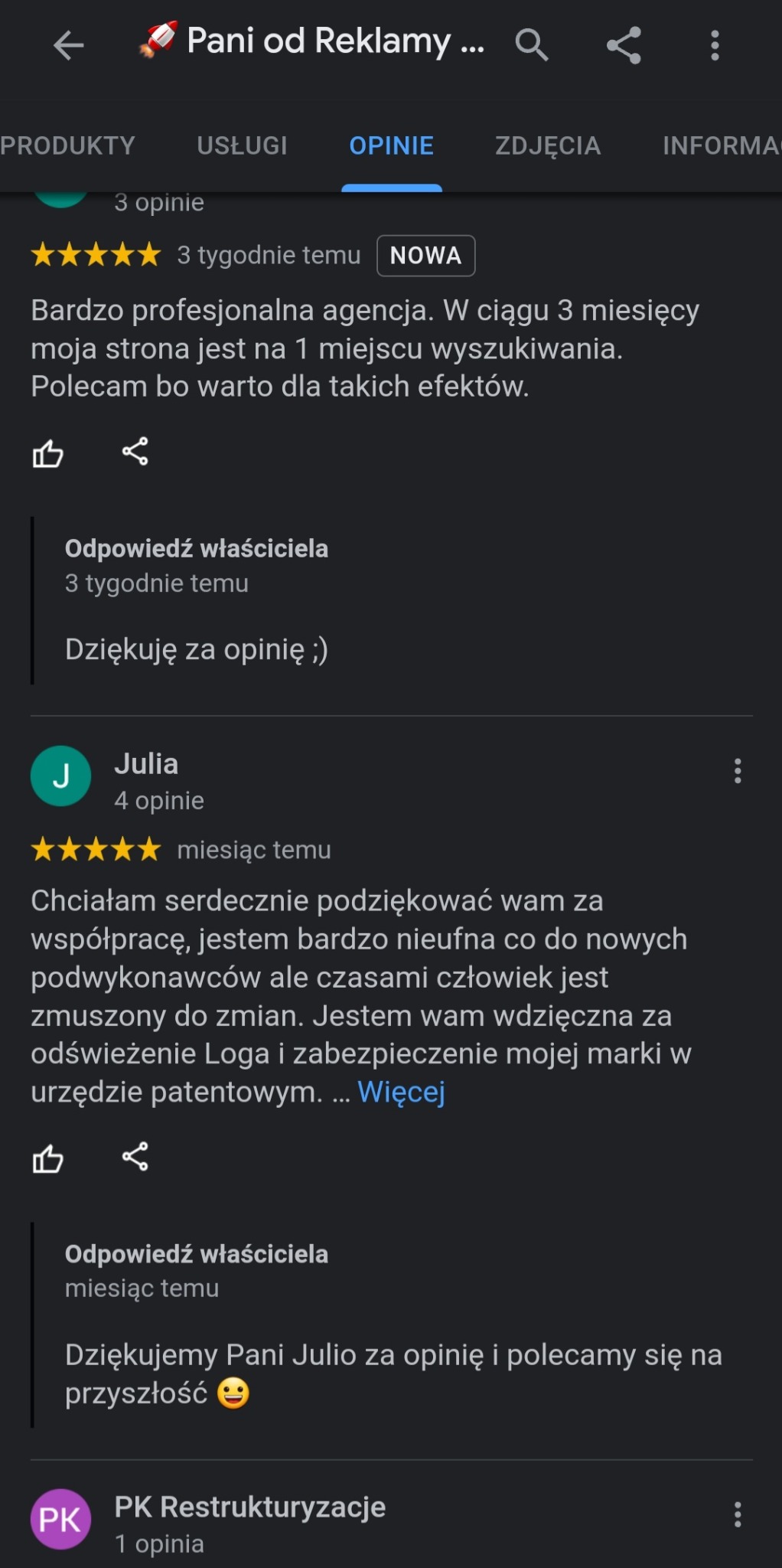Zrzut ekranu z opiniami klientów na temat agencji reklamowej, podkreślający pozytywne oceny i efekty działań, w tym pozycjonowanie strony na pierwszym miejscu w wyszukiwarce oraz odświeżenie logo.
