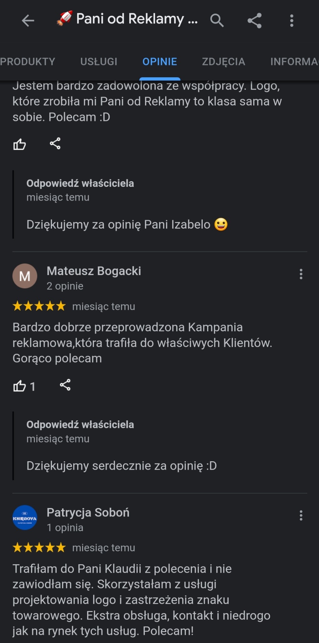 Zrzut ekranu opinii klientów o firmie 'Pani od Reklamy', chwalących logo i kampanię reklamową.