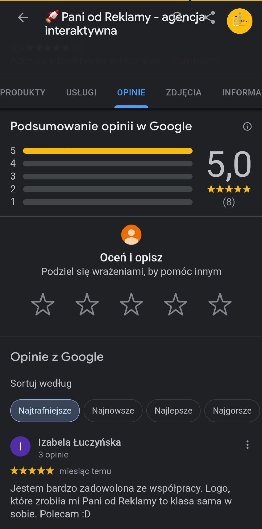 Zrzut ekranu podsumowania opinii w Google dla agencji interaktywnej 'Pani od Reklamy', z oceną 5.0 na 5 gwiazdek i pozytywną opinią klientki dotyczącą logo.