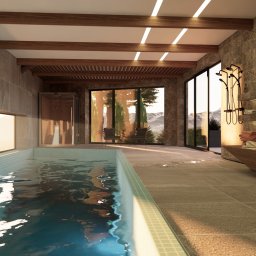 Architektor.pl - Nowoczesna łazienka z basenem wewnętrznym, kamienne ściany, drewniane belki stropowe, widok na góry przez panoramiczne okna, minimalistyczny prysznic i drewniana ławka.