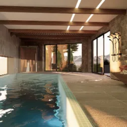 Nowoczesna łazienka z basenem wewnętrznym, kamienne ściany, drewniane belki stropowe, widok na góry przez panoramiczne okna, minimalistyczny prysznic i drewniana ławka.