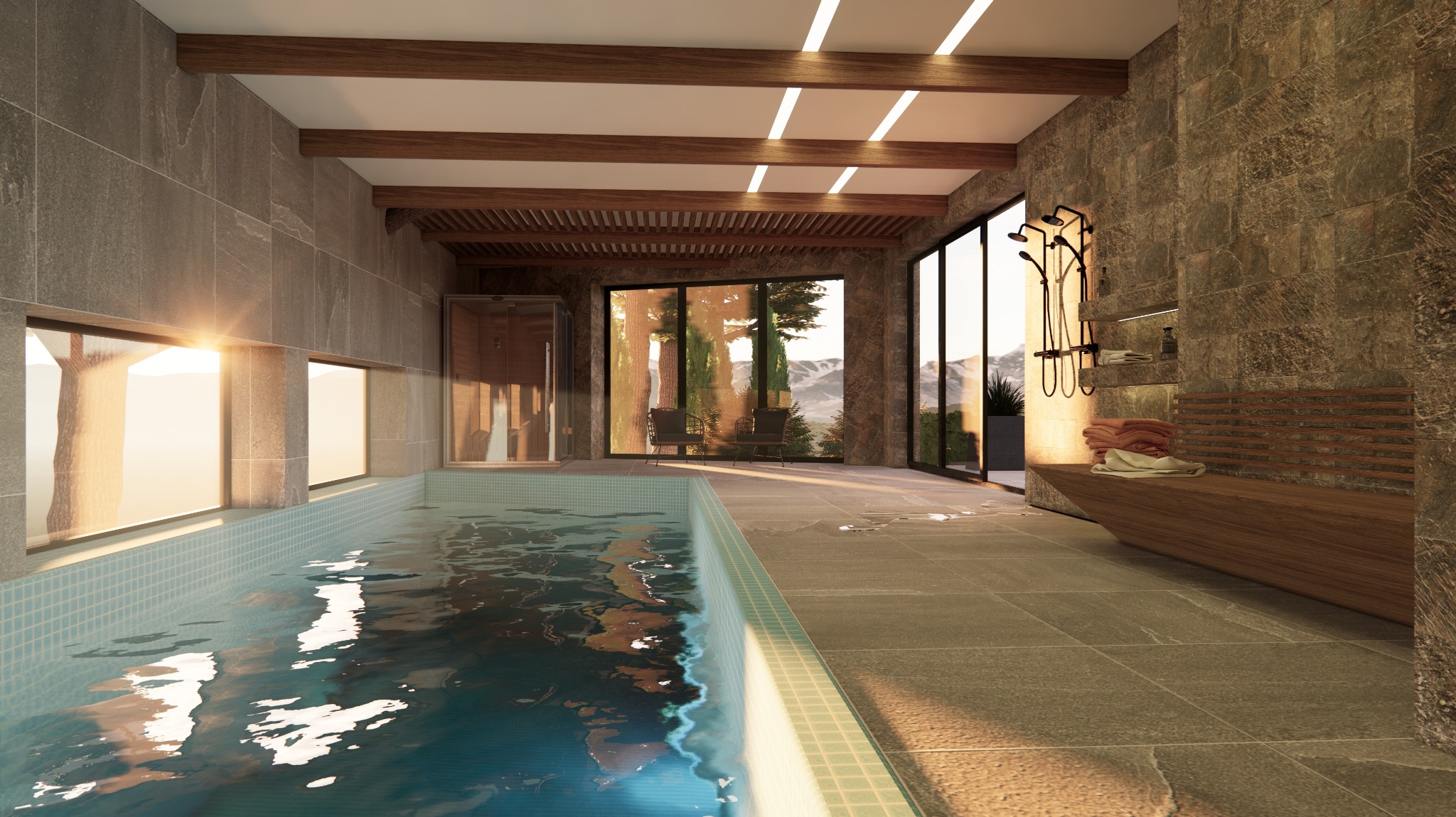 Nowoczesna łazienka z basenem wewnętrznym, kamienne ściany, drewniane belki stropowe, widok na góry przez panoramiczne okna, minimalistyczny prysznic i drewniana ławka.