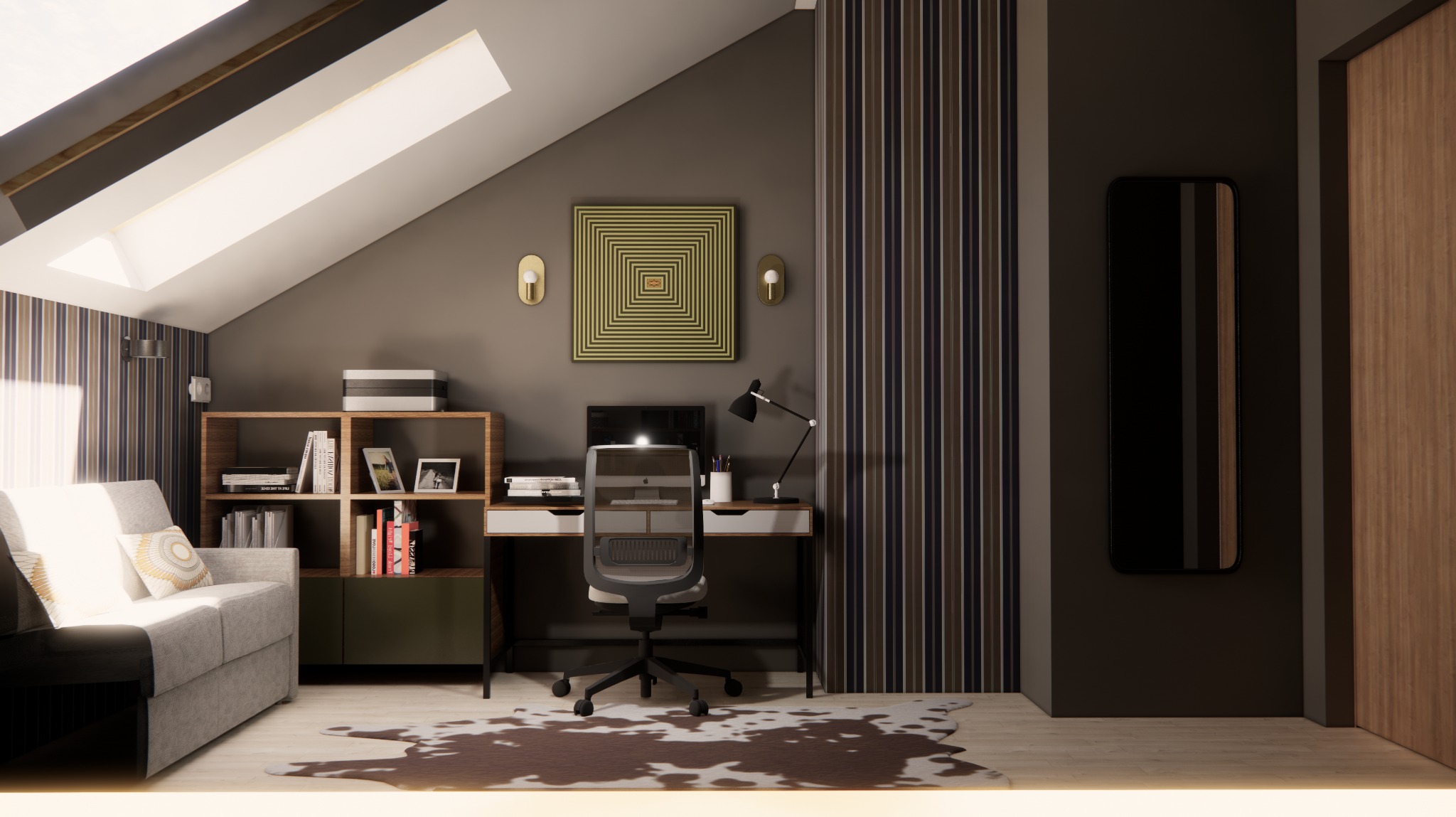 Pokój na poddaszu z miejscem do pracy: biurko z komputerem, krzesło obrotowe, regał z książkami, sofa z poduszkami, lampy ścienne, abstrakcyjny obraz na ścianie, dywan w brązowe łaty.