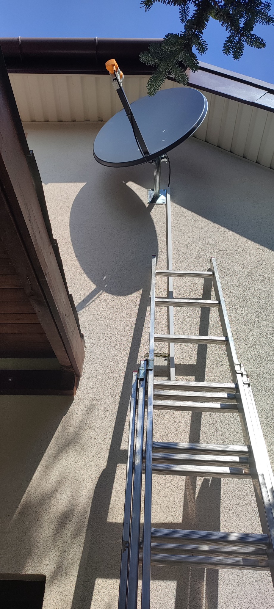 Antena satelitarna zamontowana na elewacji budynku, widoczna drabina oparta o ścianę, cień anteny na fasadzie, fragment iglastego drzewa w tle.