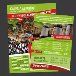 Dwie ulotki reklamowe galerii alkoholi, z ofertą cenową piw i whisky, oraz informacją o godzinach otwarcia.