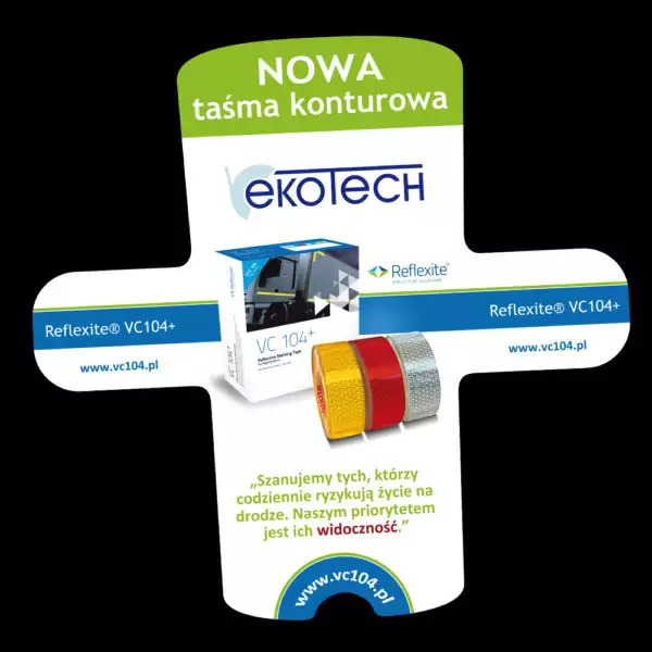 Prezentacja nowej taśmy konturowej EkoTech Reflexite VC104+ z trzema rolkami taśmy odblaskowej w kolorach żółtym, czerwonym i srebrnym, obok opakowania produktu.