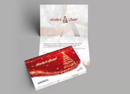 Dwie kartki świąteczne z życzeniami 'Wesołych Świąt', jedna otwarta z tekstem w środku, druga zamknięta z motywem choinki i logotypem firmy 'Ekotech'.